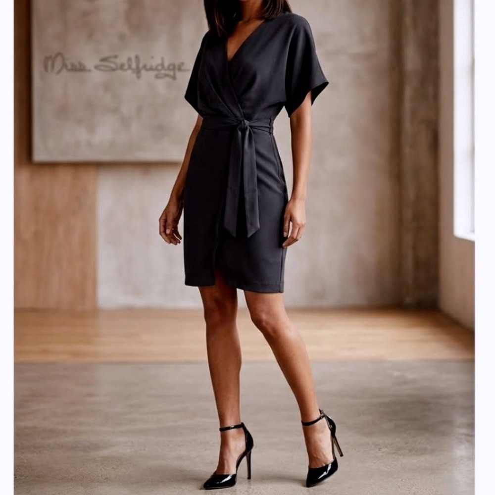 Miss Selfridge Black Deep V-Neck Wrap-Style Dress, Size 10, Sexy, LBD, Wedding